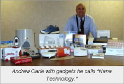 Andrew Carle with gadgets he calls Nana Technology